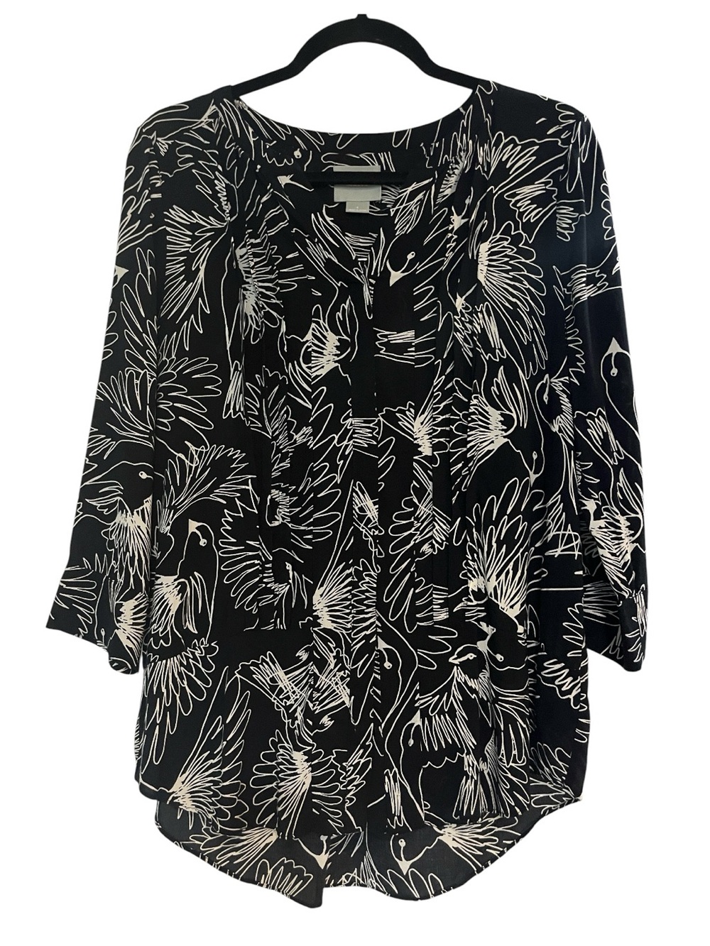 ANTHROPOLOGIE MAEVE WHIMSICAL BIRD PRINT PINTUCK PLEATED TOP BLK WHT SIZE 6